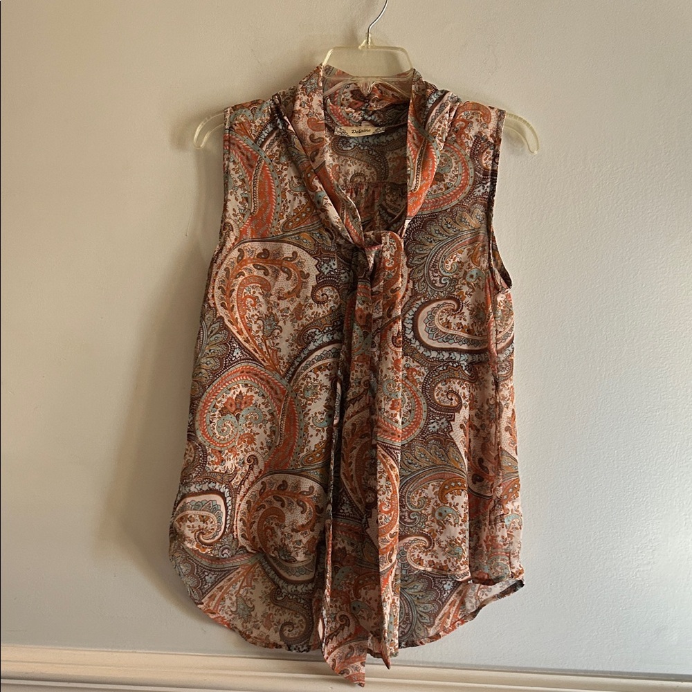 Sleeveless Paisley Tie-Neck Blouse - Orange Multi